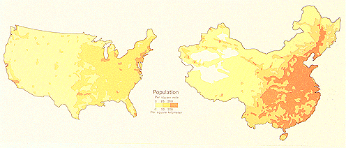 map: United States and China: Comparative Population Density